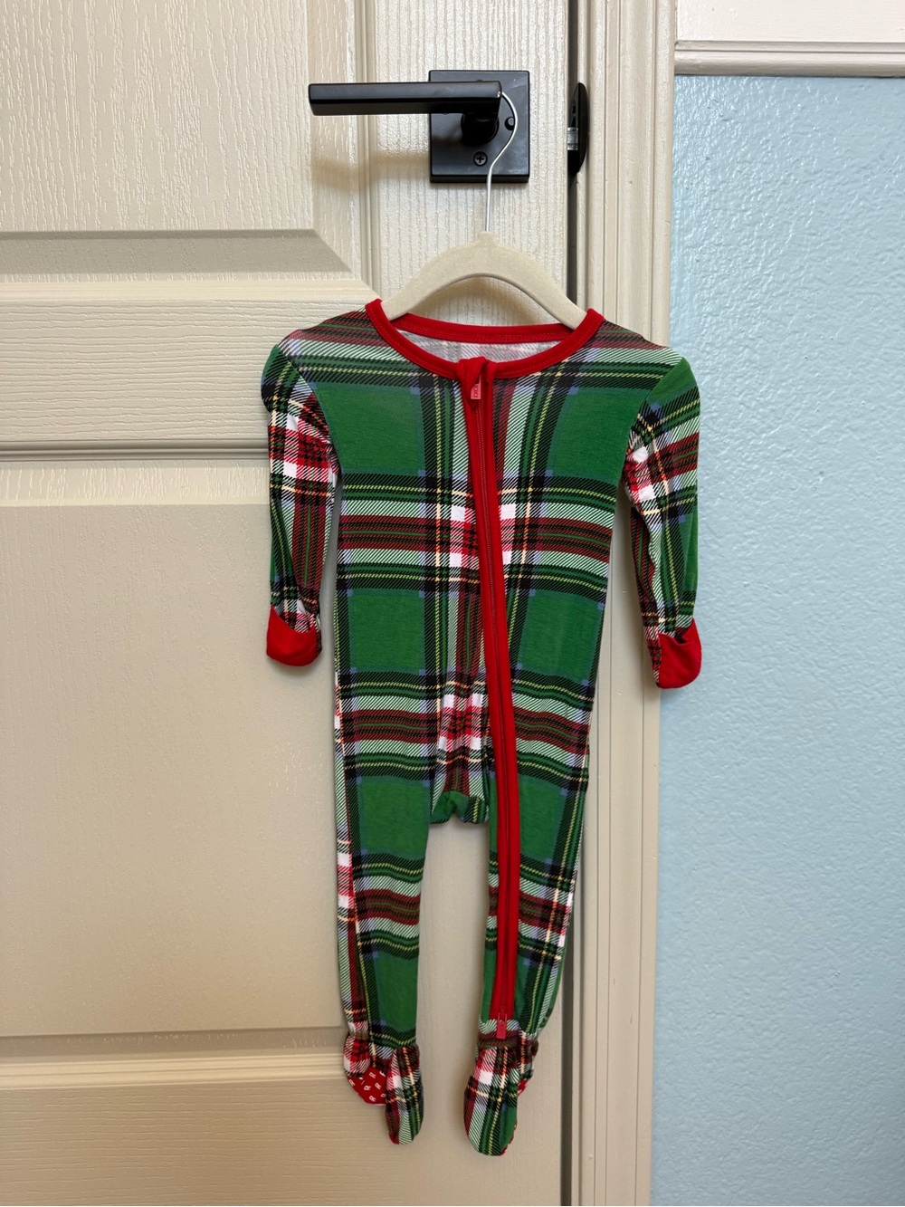 Rouge Helium Green Plaid Footed Kids One-Piece with Red Trim